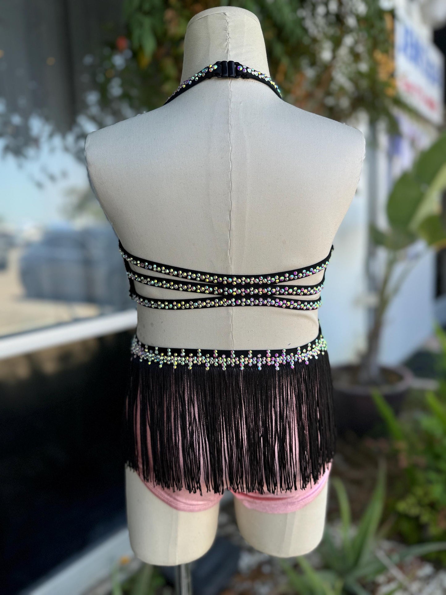 READY-TO-SHIP // Child Small // Pink & Black Metallic Fringe Jazz Costume