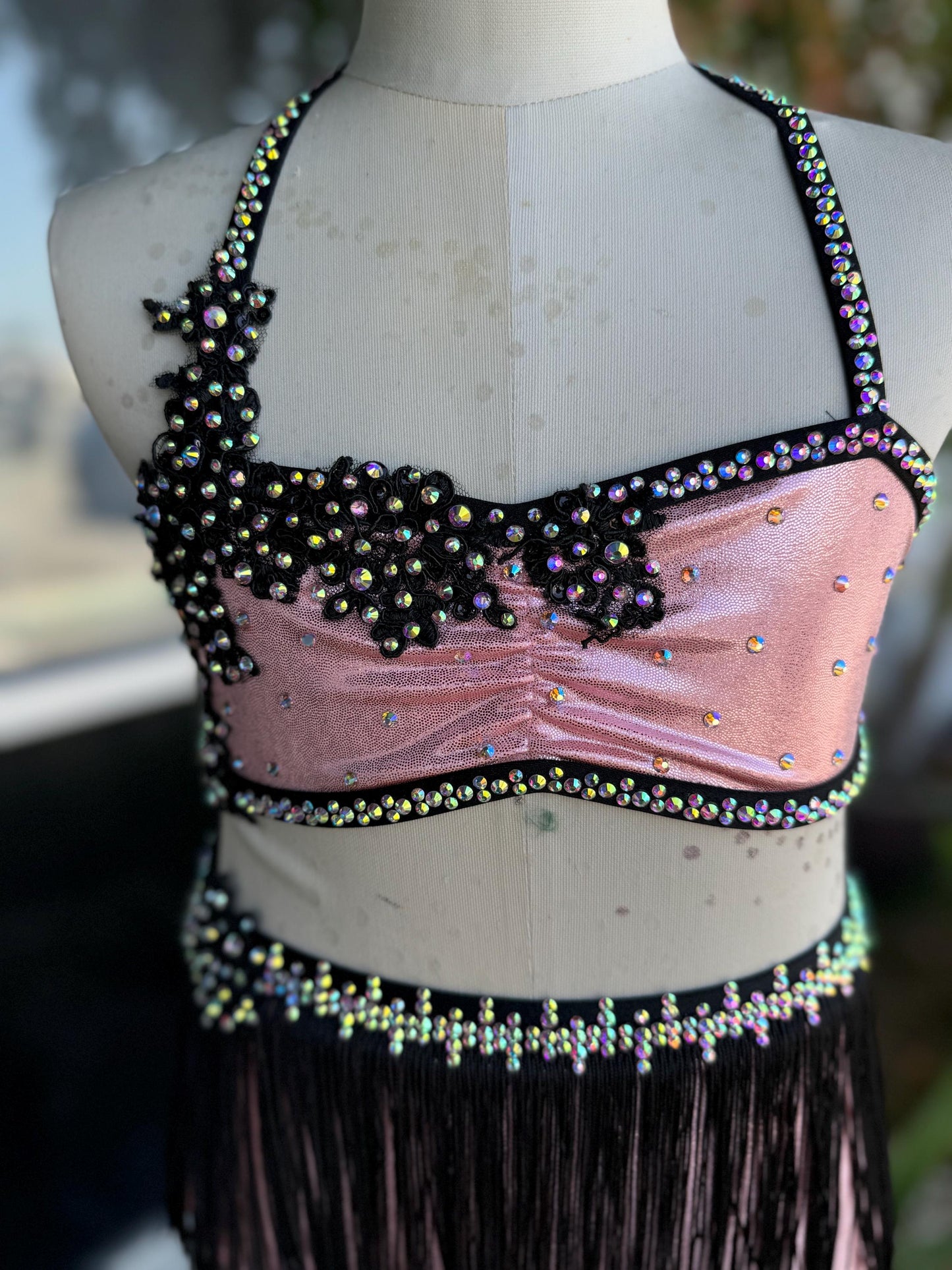 READY-TO-SHIP // Child Small // Pink & Black Metallic Fringe Jazz Costume