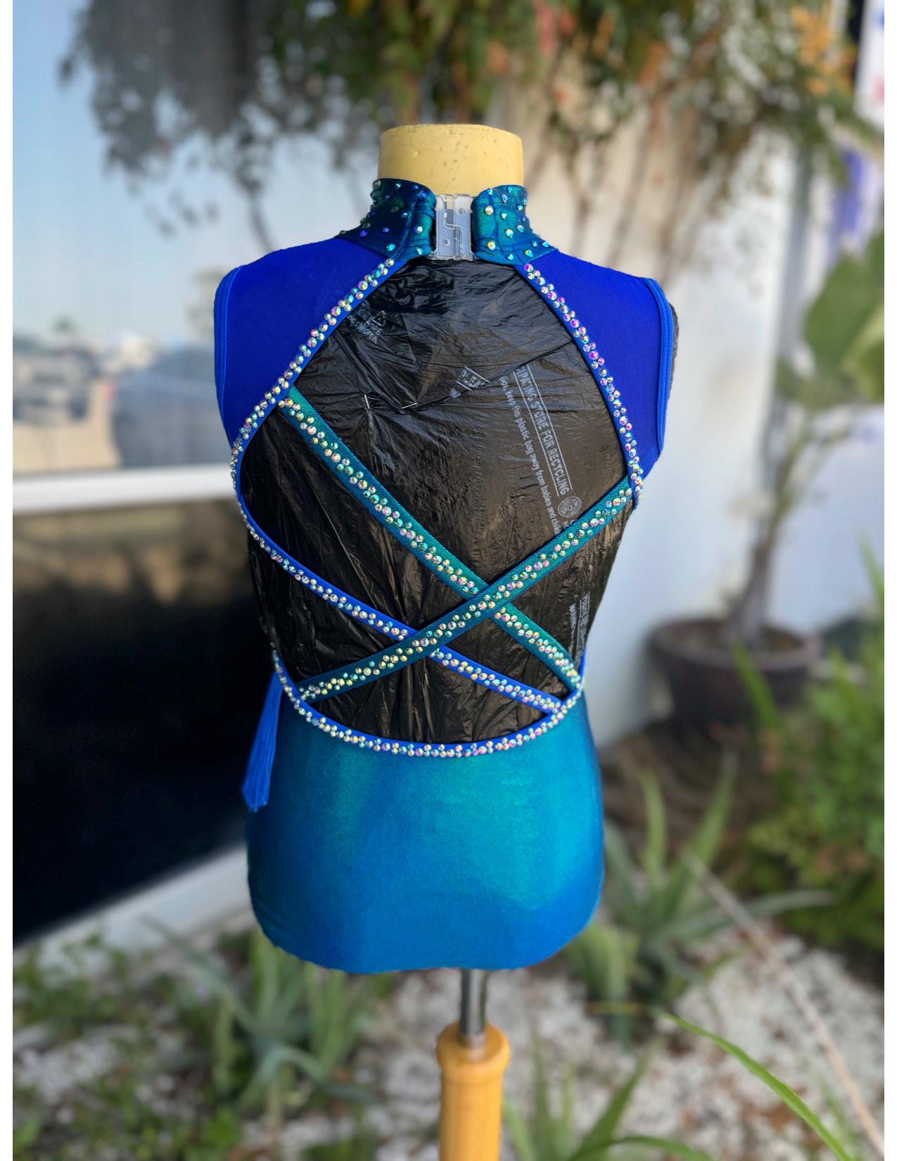 READY-TO-SHIP // Child Medium // Blue and Teal Metallic Fringe Jazz Costume
