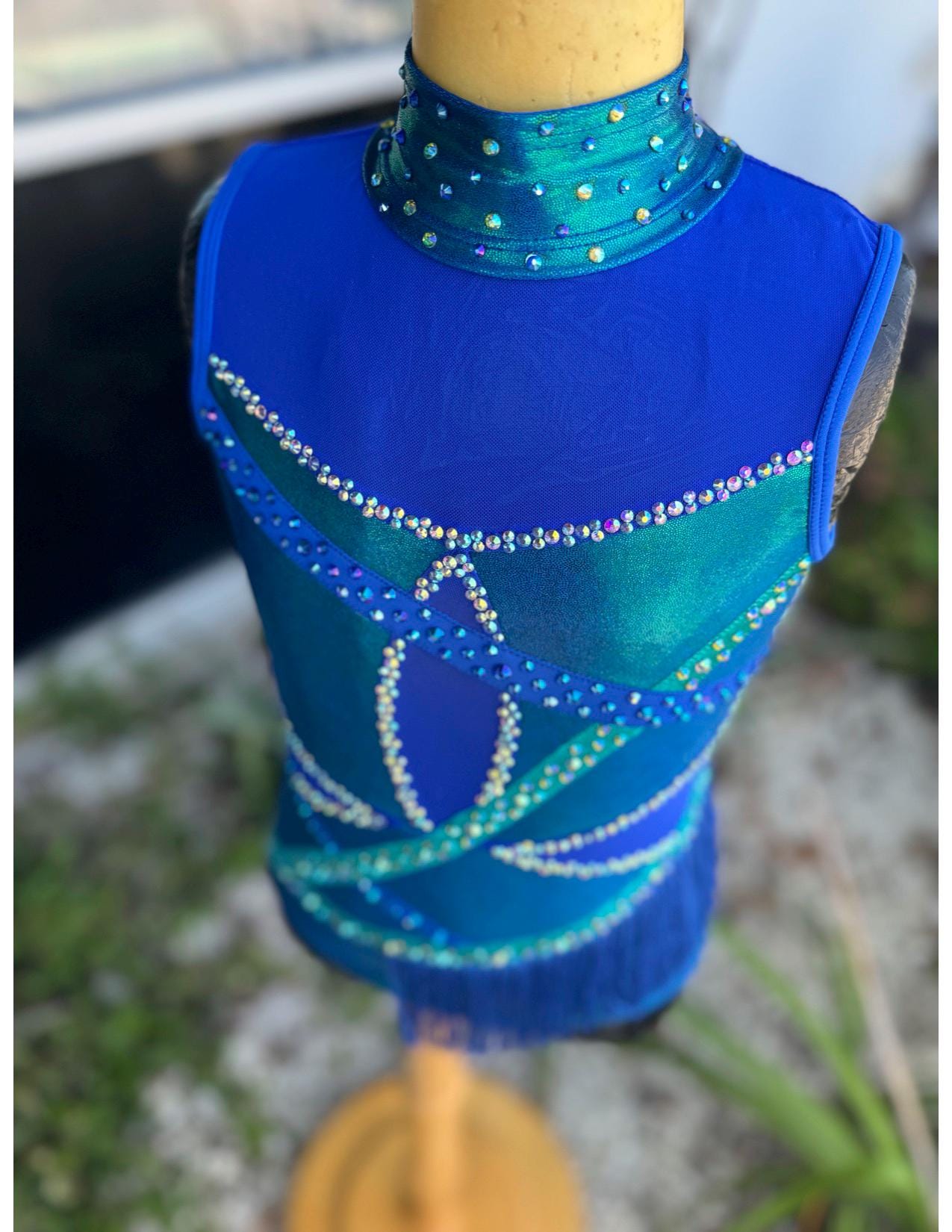 READY-TO-SHIP // Child Medium // Blue and Teal Metallic Fringe Jazz Costume