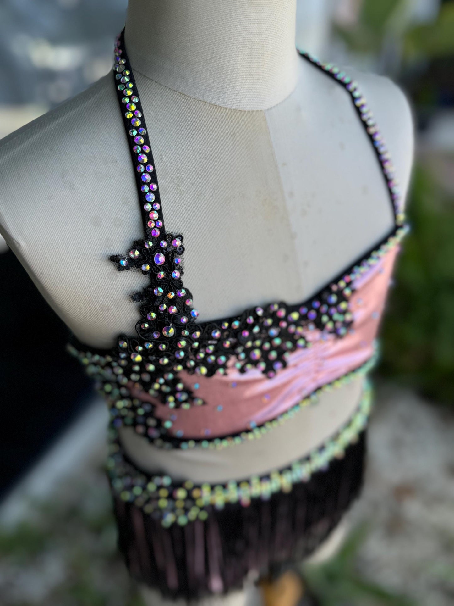 READY-TO-SHIP // Child Small // Pink & Black Metallic Fringe Jazz Costume