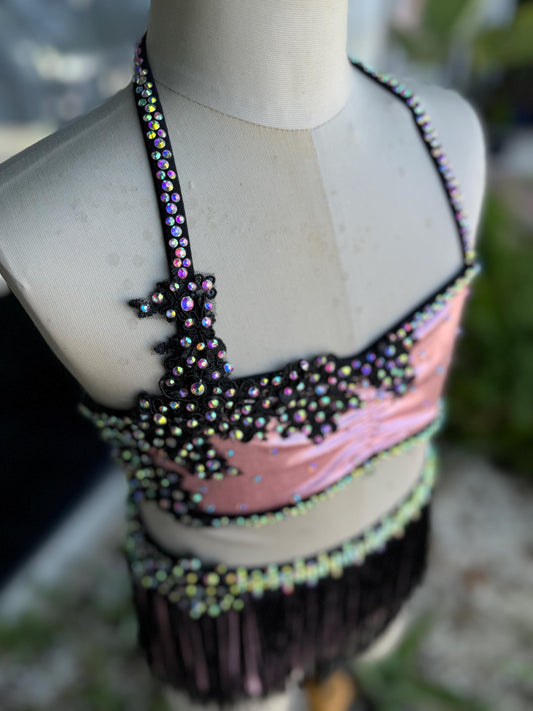 READY-TO-SHIP // Child Small // Pink & Black Metallic Fringe Jazz Dance Costume