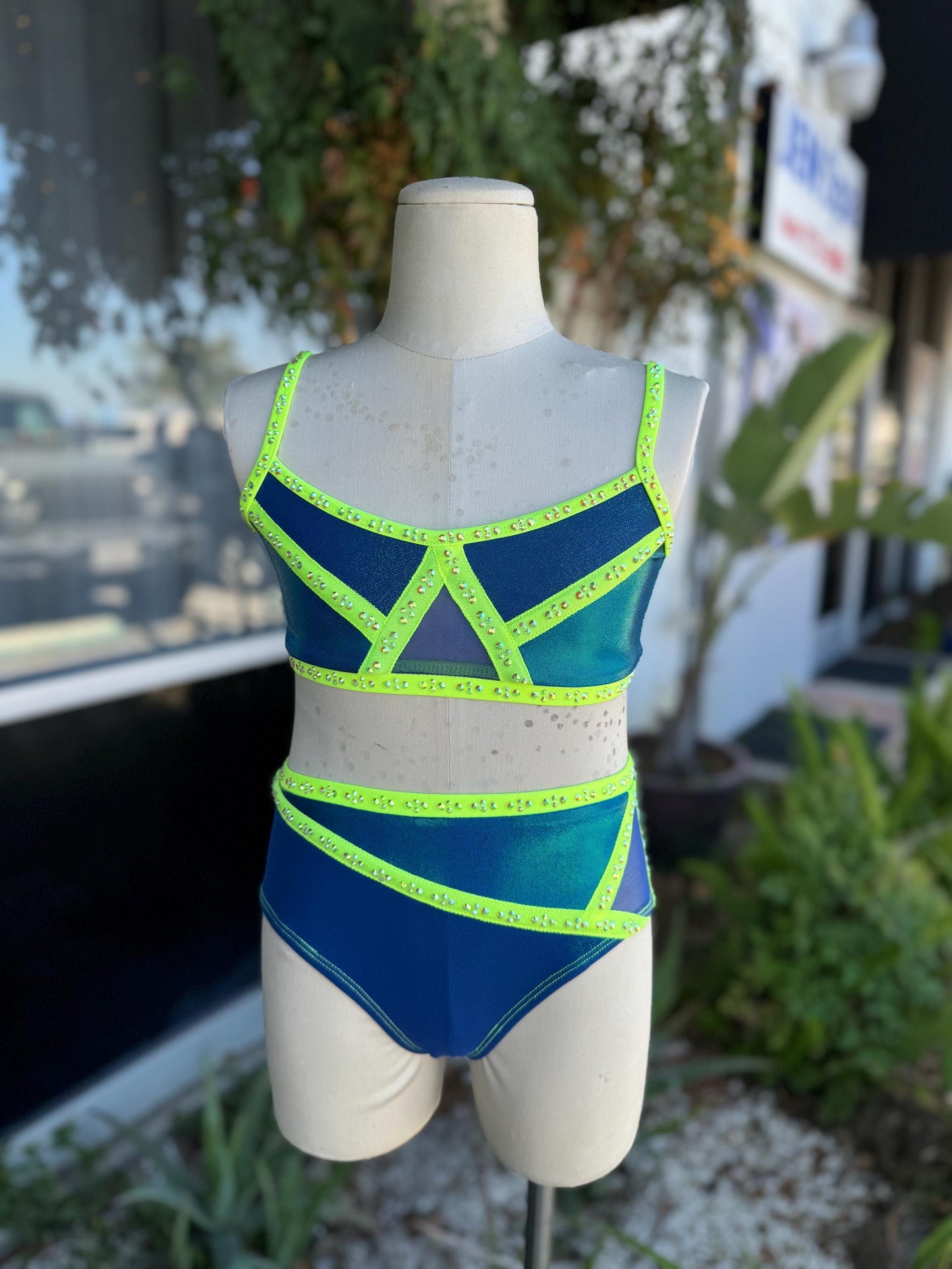 READY-TO-SHIP // Child Medium // Navy and Neon Yellow Two Piece