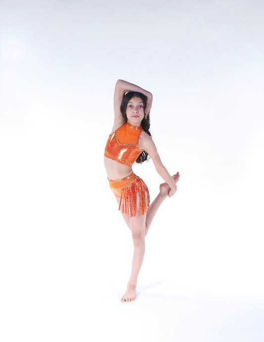 Orange Metallic Fringe Jazz Dance Costume, Child Small/Medium