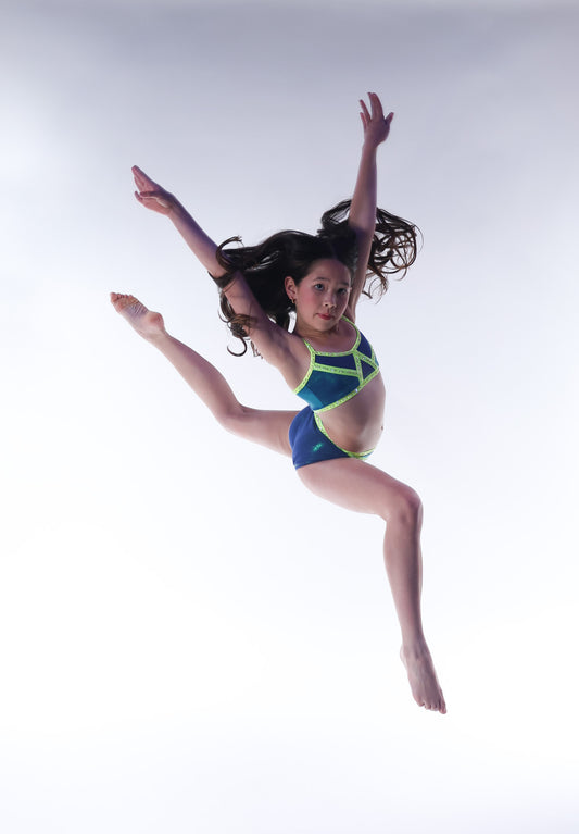 READY-TO-SHIP // Child Medium // Navy and Neon Yellow Two Piece Dance Costume