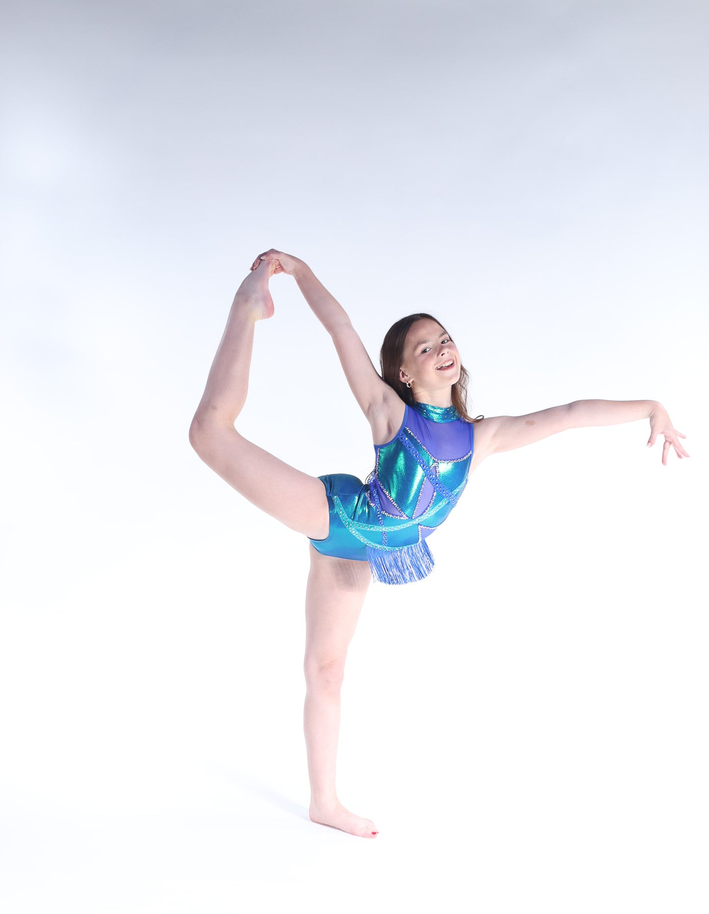 READY-TO-SHIP // Child Medium // Blue and Teal Metallic Fringe Jazz Costume