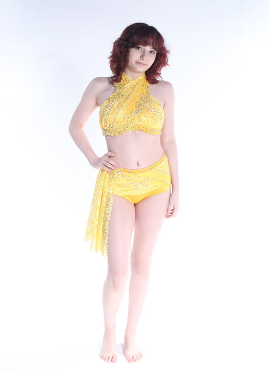 Yellow Lace Lyrical Dance Costume, Adult Small