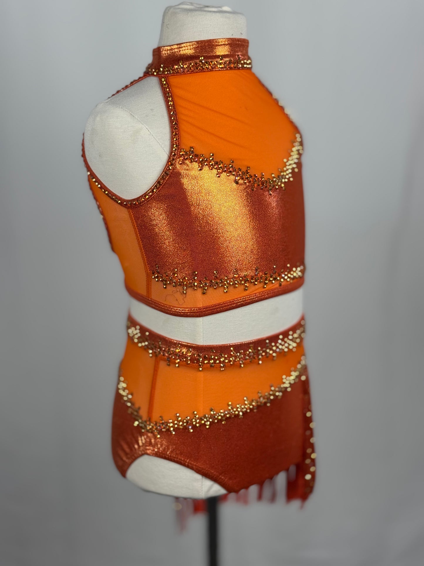 Orange Metallic Fringe Jazz Dance Costume, Child Small/Medium