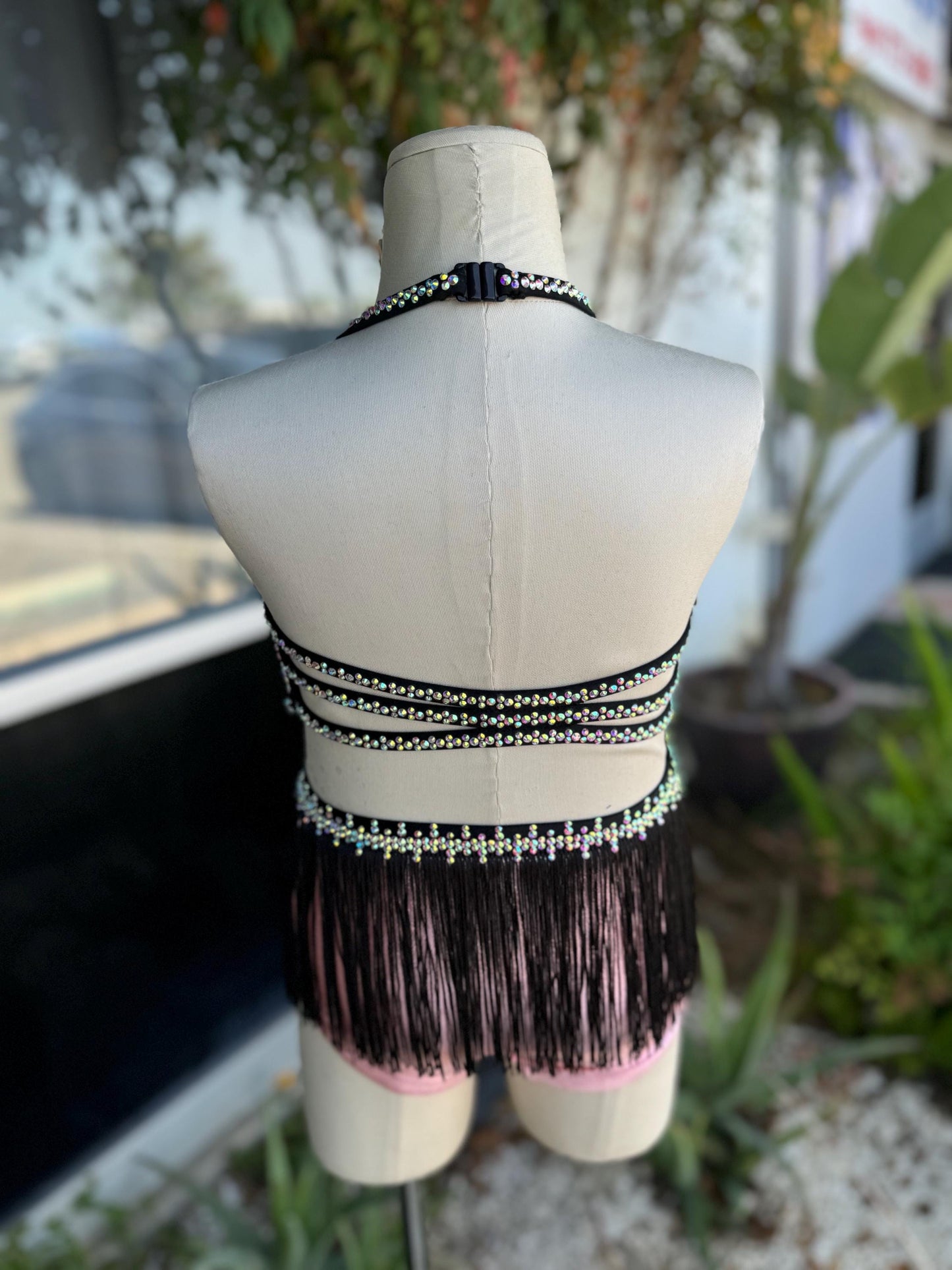 READY-TO-SHIP // Child Small // Pink & Black Metallic Fringe Jazz Costume