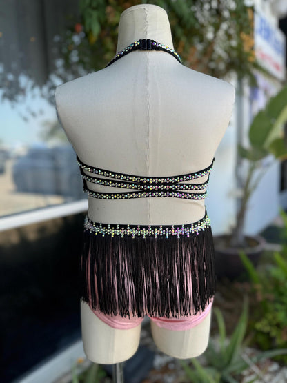 READY-TO-SHIP // Child Small // Pink & Black Metallic Fringe Jazz Costume