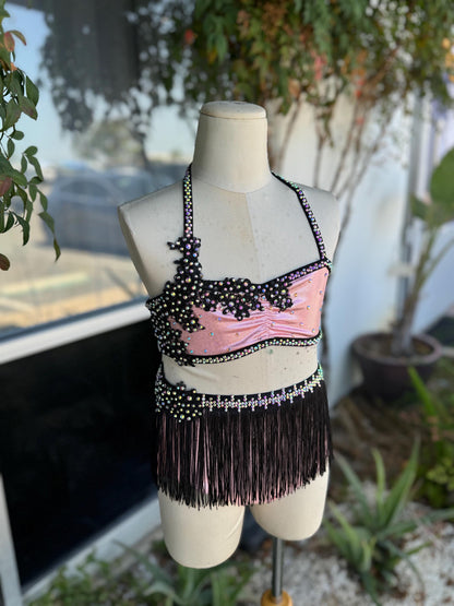 READY-TO-SHIP // Child Small // Pink & Black Metallic Fringe Jazz Costume