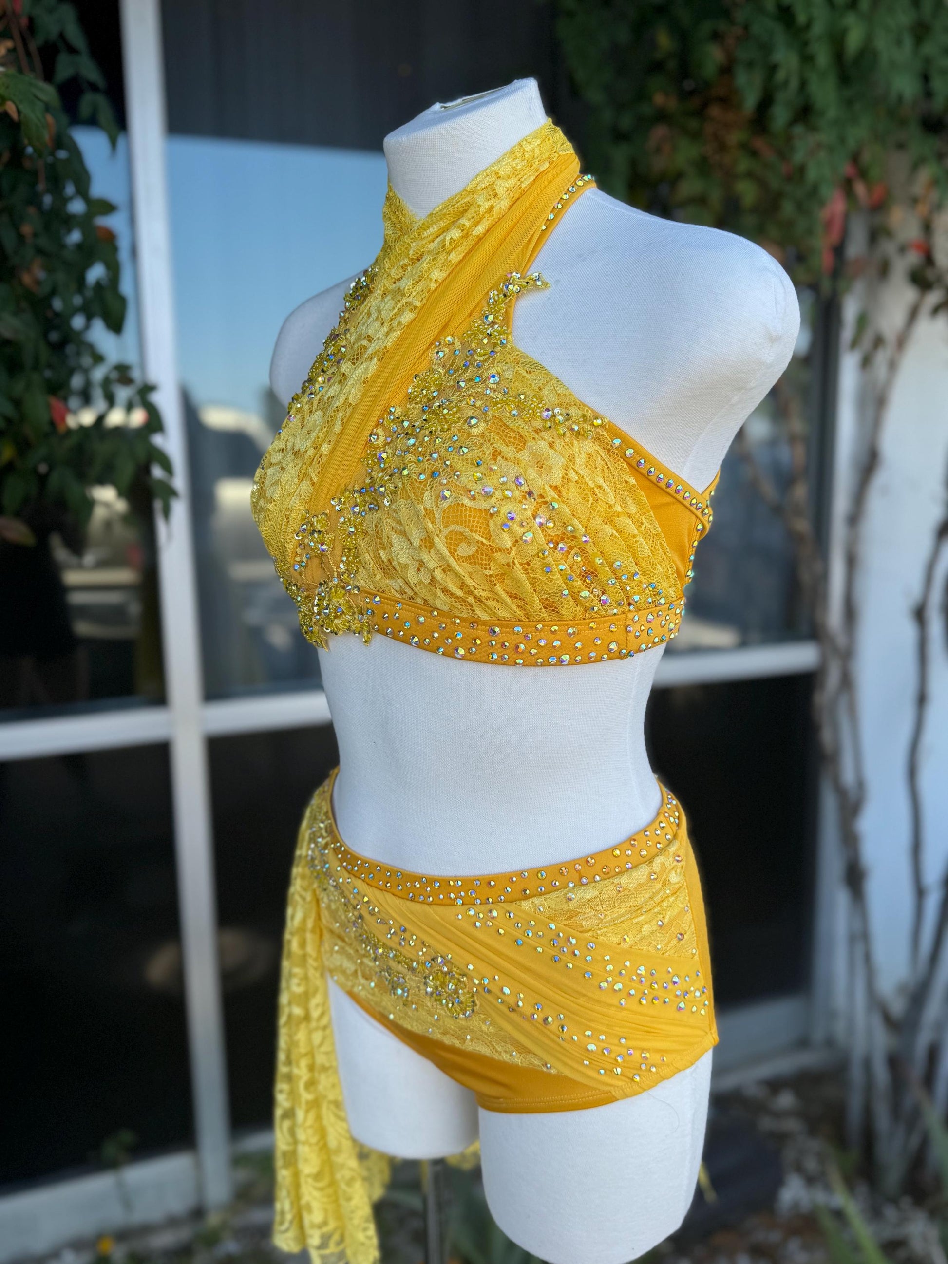 Yellow Lace Lyrical Dance Costume, Adult Small