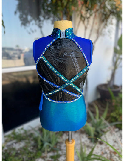 READY-TO-SHIP // Child Medium // Blue and Teal Metallic Fringe Jazz Costume