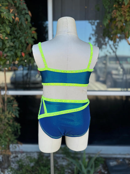 READY-TO-SHIP // Child Medium // Navy and Neon Yellow Two Piece