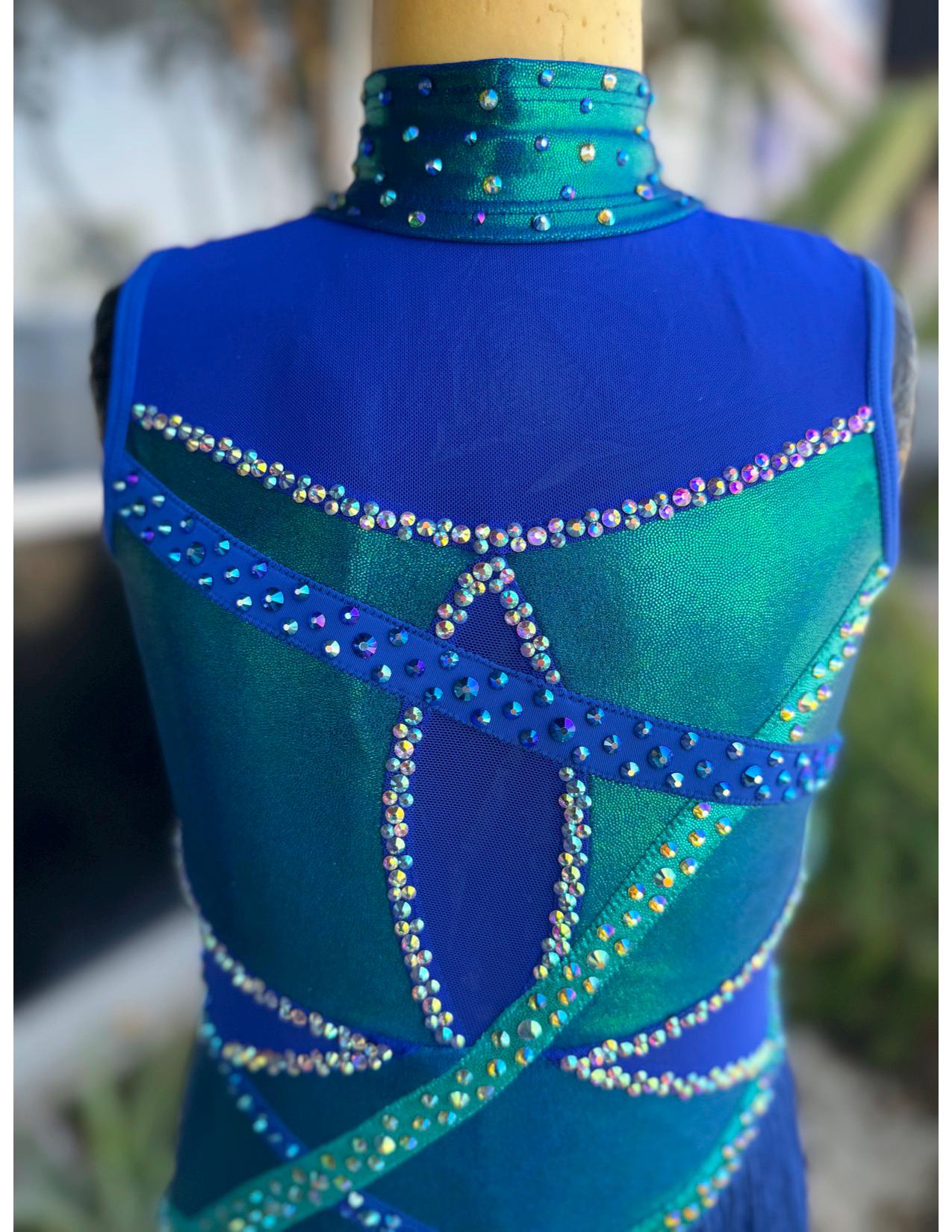 READY-TO-SHIP // Child Medium // Blue and Teal Metallic Fringe Jazz Costume