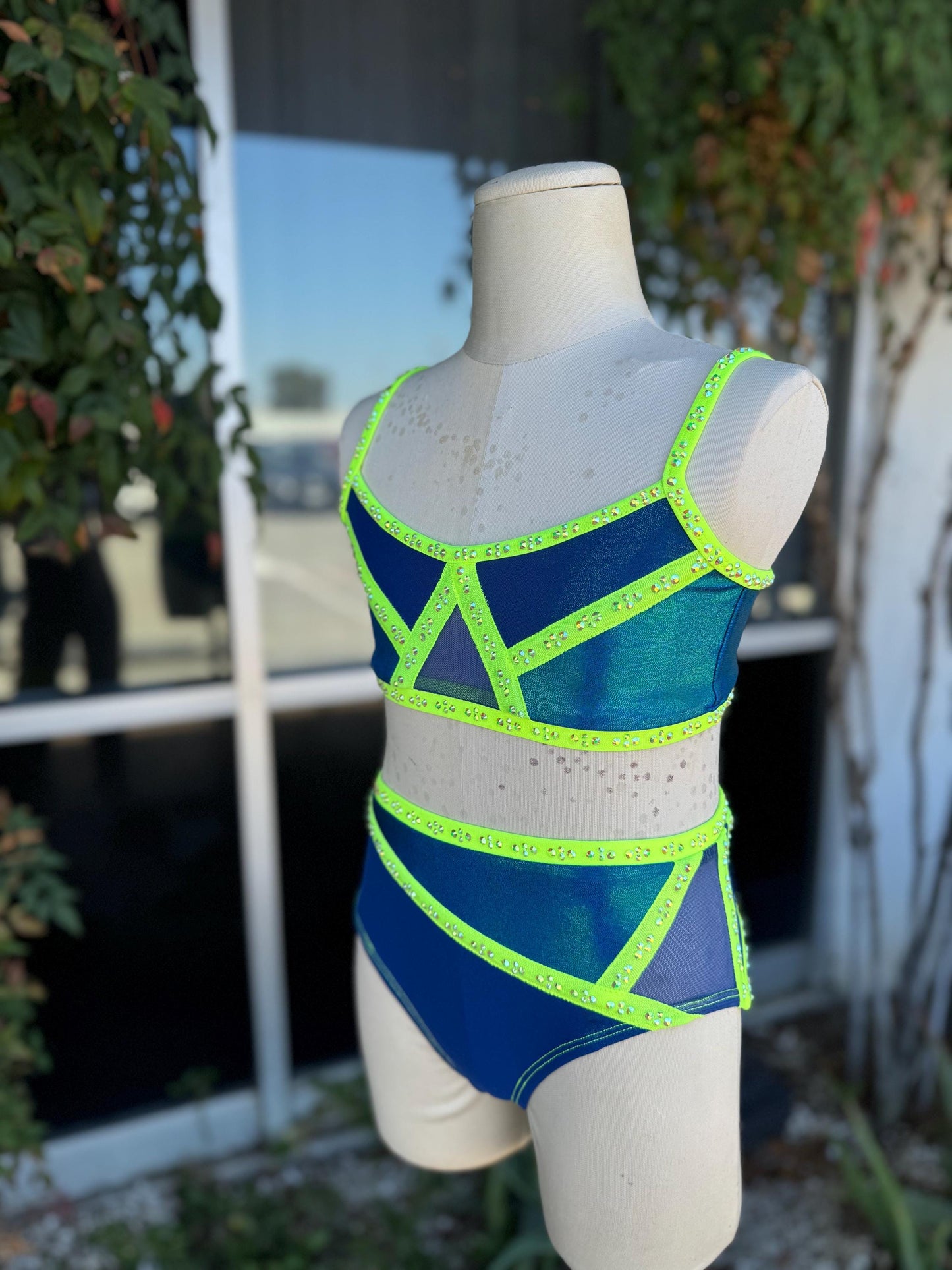 READY-TO-SHIP // Child Medium // Navy and Neon Yellow Two Piece