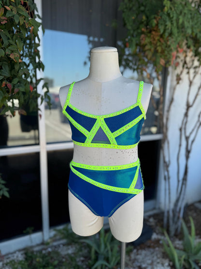 READY-TO-SHIP // Child Medium // Navy and Neon Yellow Two Piece
