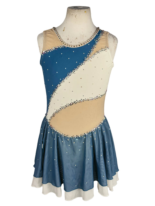 Blue and beige dress with bead detailing on a mannequin against a white background