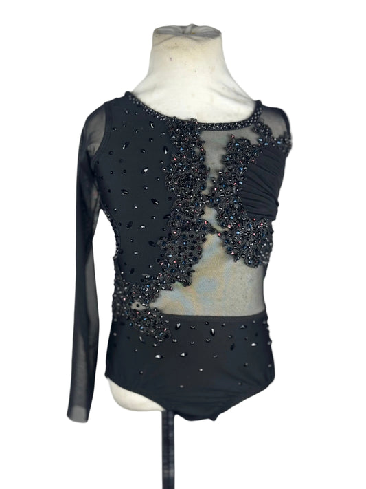 Black leotard with mesh and bead details on a mannequin against a white background