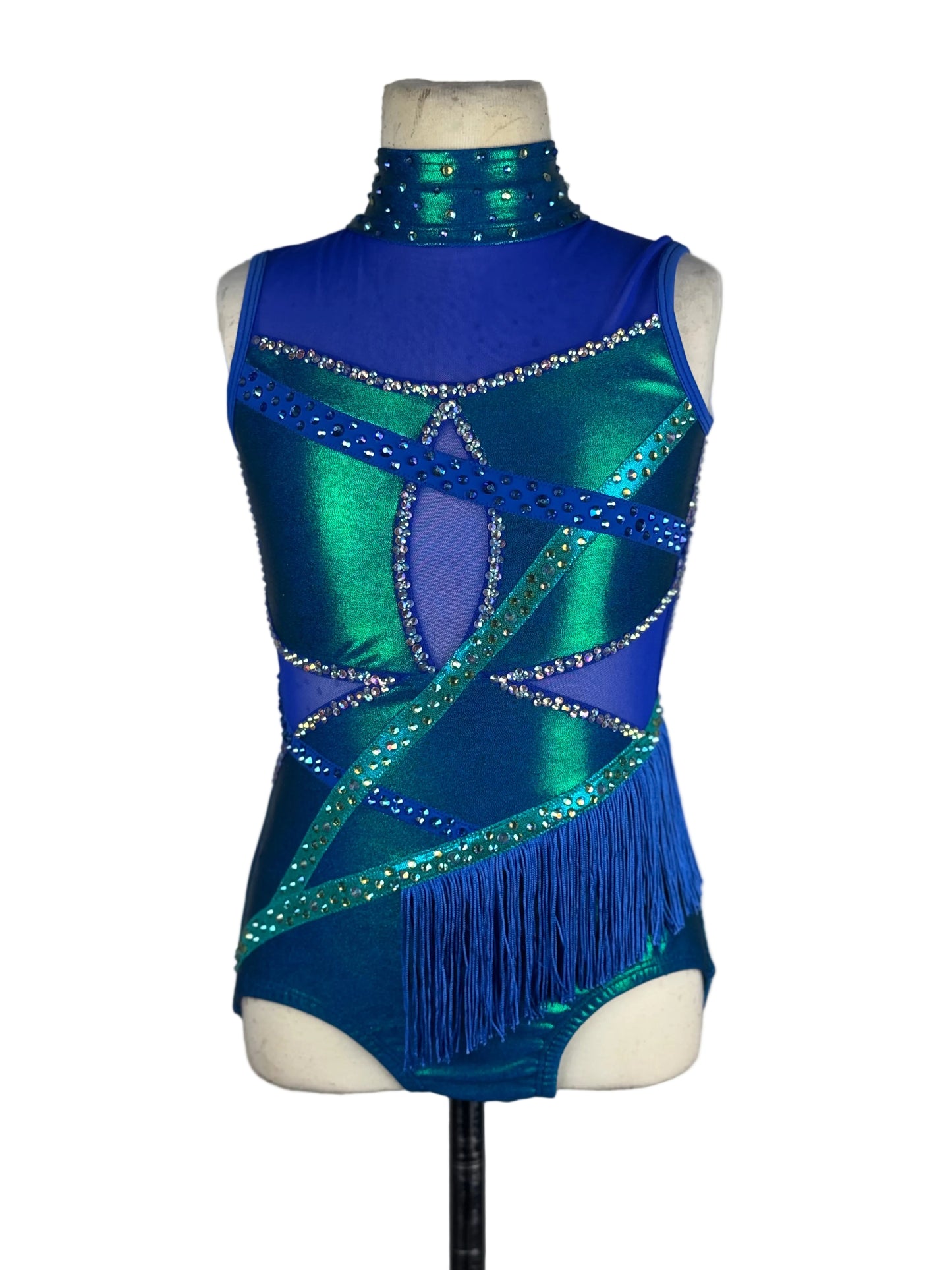 Blue and green leotard with fringe on a mannequin against a white background