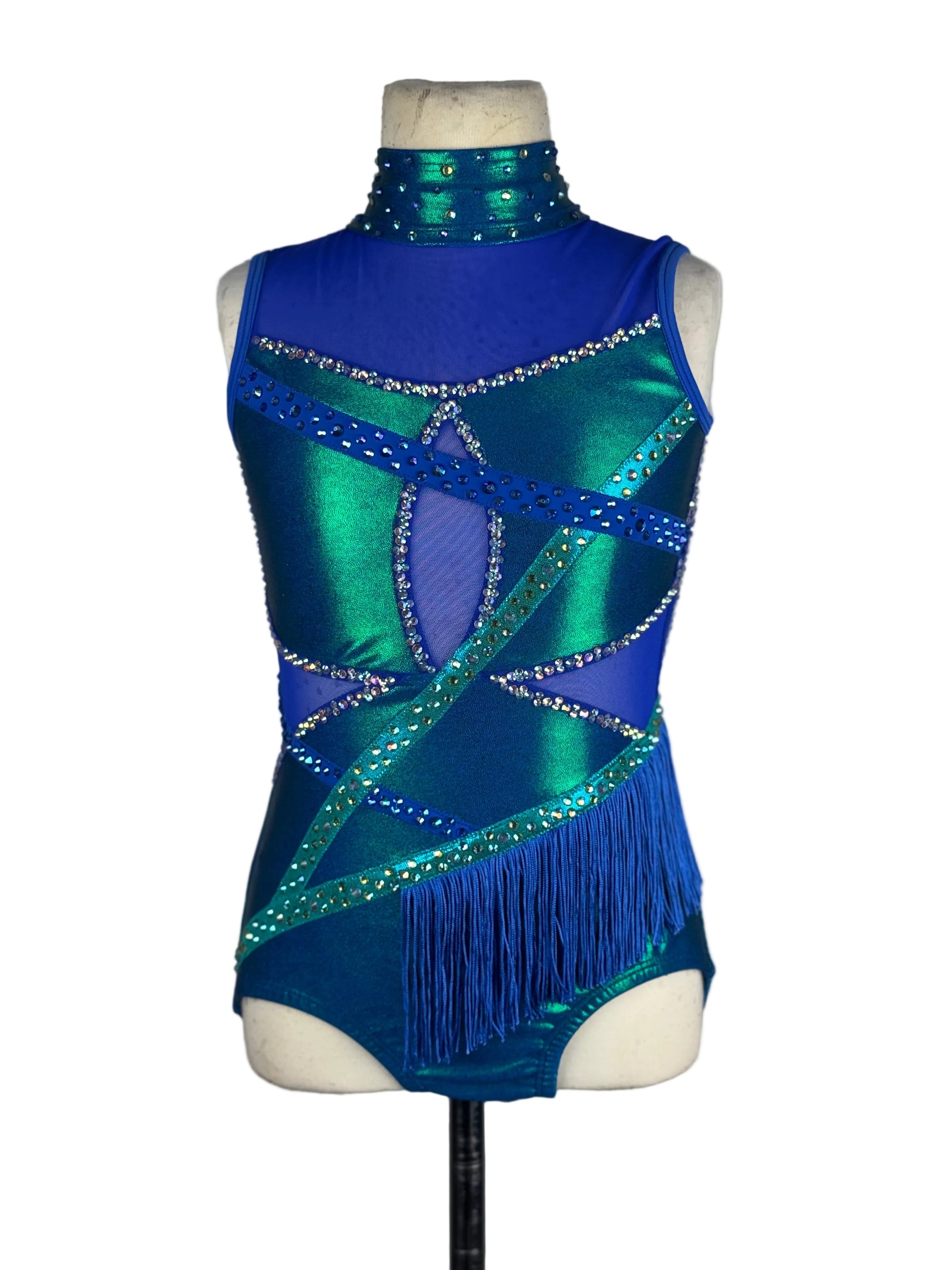Blue and green leotard with fringe on a mannequin against a white background