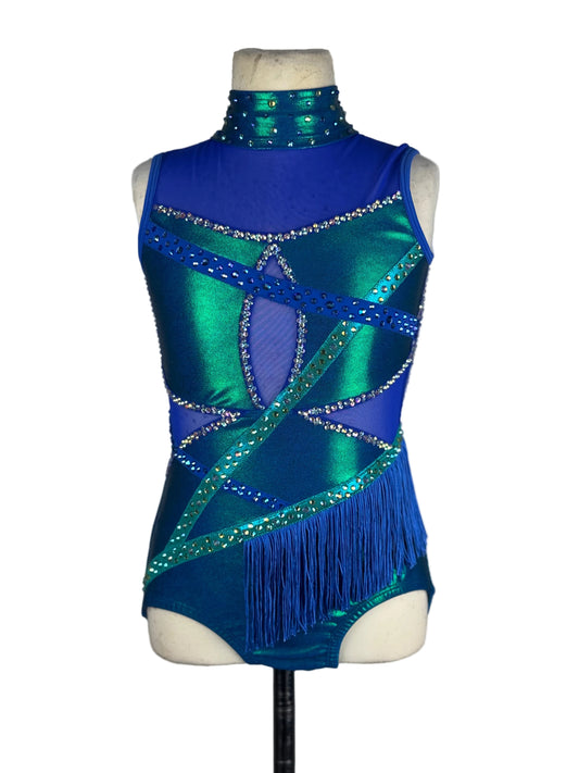 Blue and green leotard with fringe on a mannequin against a white background