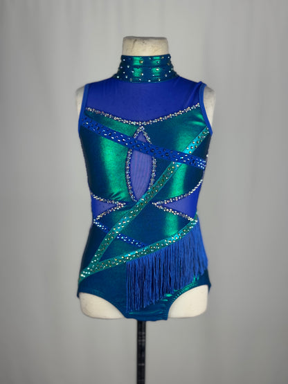 Blue and Teal Metallic Fringe Jazz Dance Costume, Child Medium