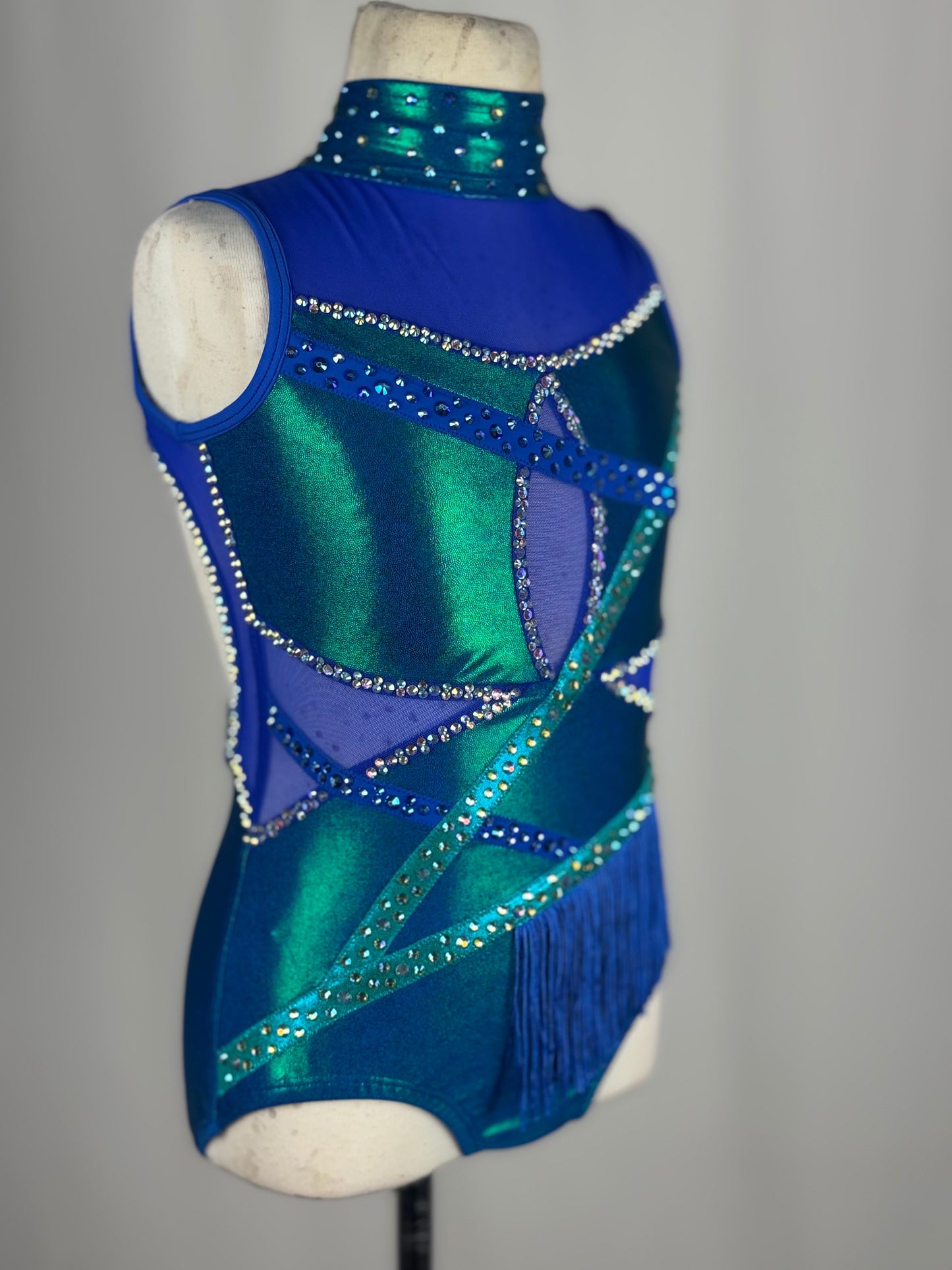 Blue and Teal Metallic Fringe Jazz Dance Costume, Child Medium