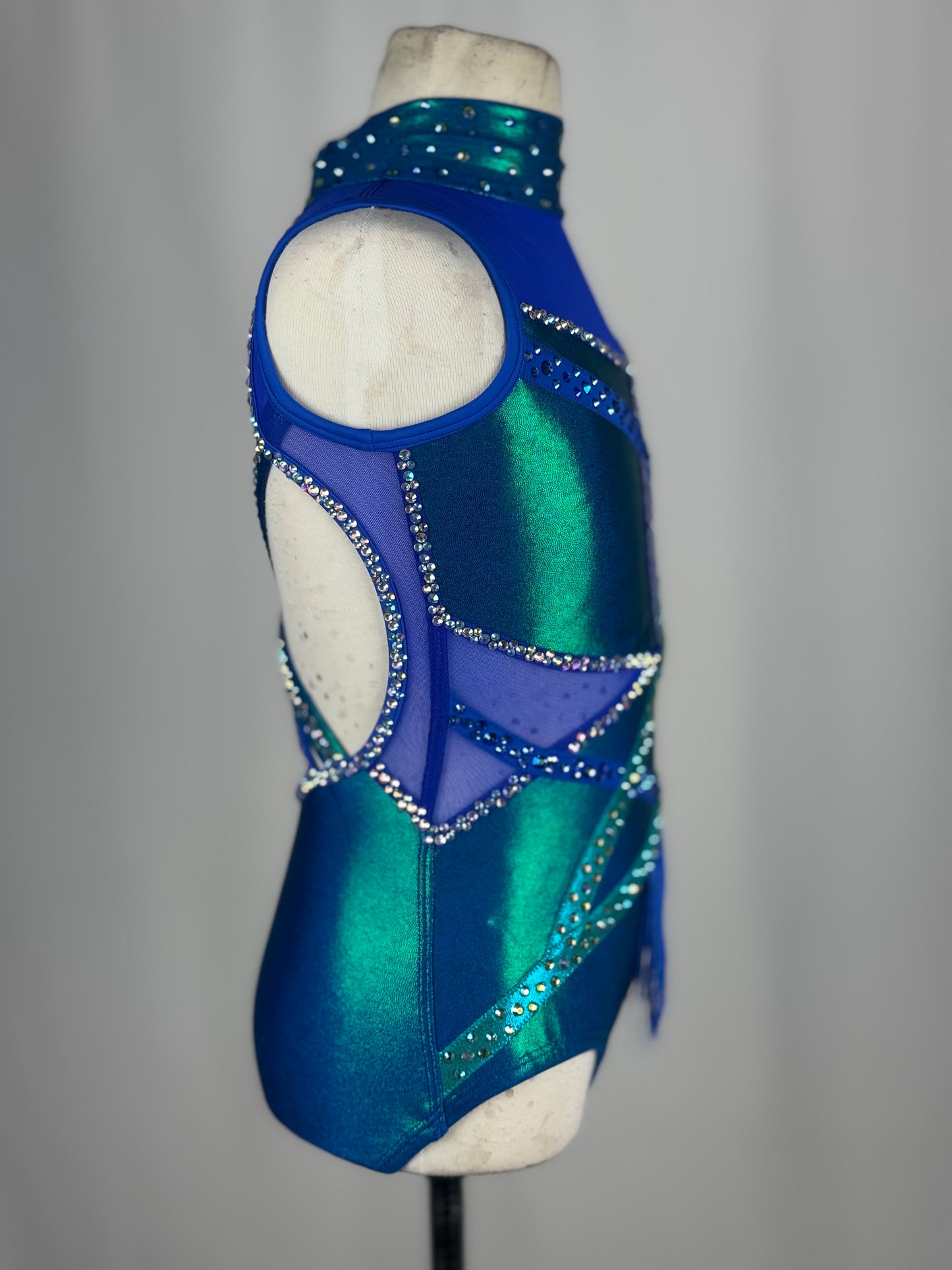 Blue and Teal Metallic Fringe Jazz Dance Costume, Child Medium