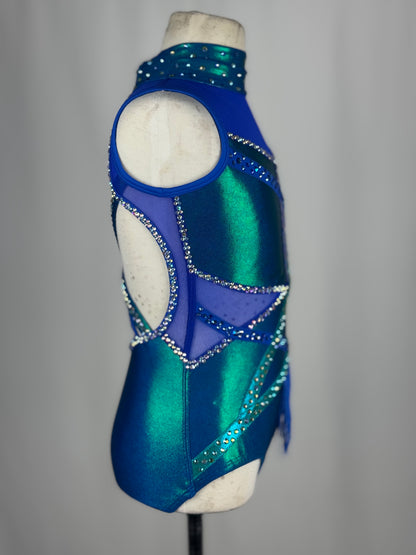 Blue and Teal Metallic Fringe Jazz Dance Costume, Child Medium