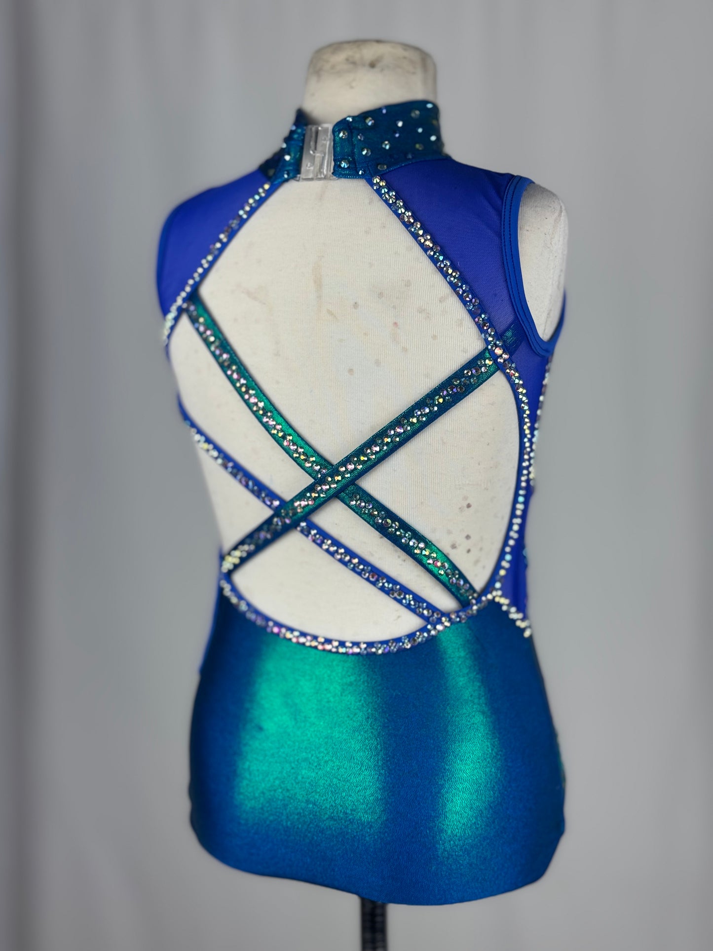 Blue and Teal Metallic Fringe Jazz Dance Costume, Child Medium