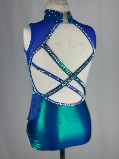 Blue and Teal Metallic Fringe Jazz Dance Costume, Child Medium