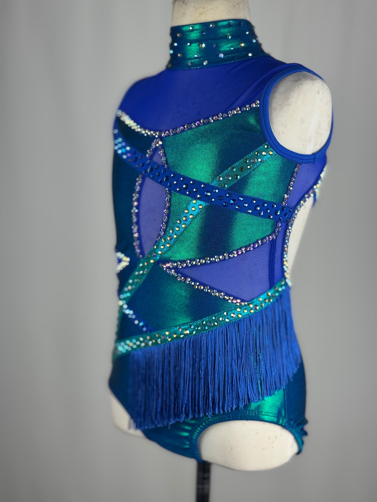 Blue and Teal Metallic Fringe Jazz Dance Costume, Child Medium