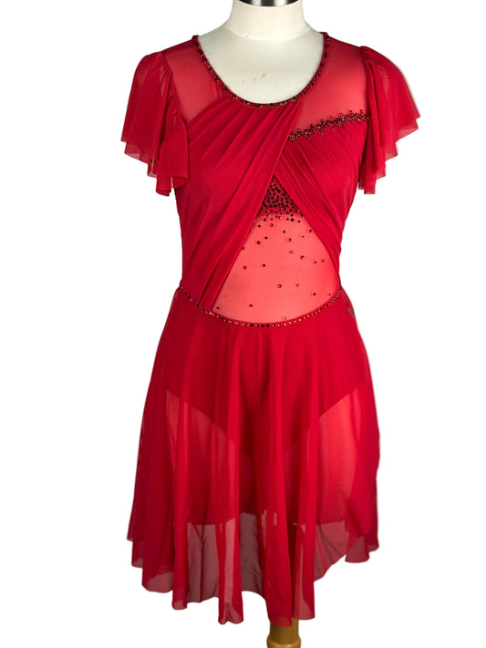Red dress with embellishments on a mannequin against a white background