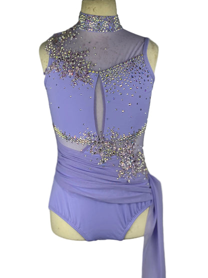Purple leotard with rhinestone embellishments on a mannequin against a white background.
