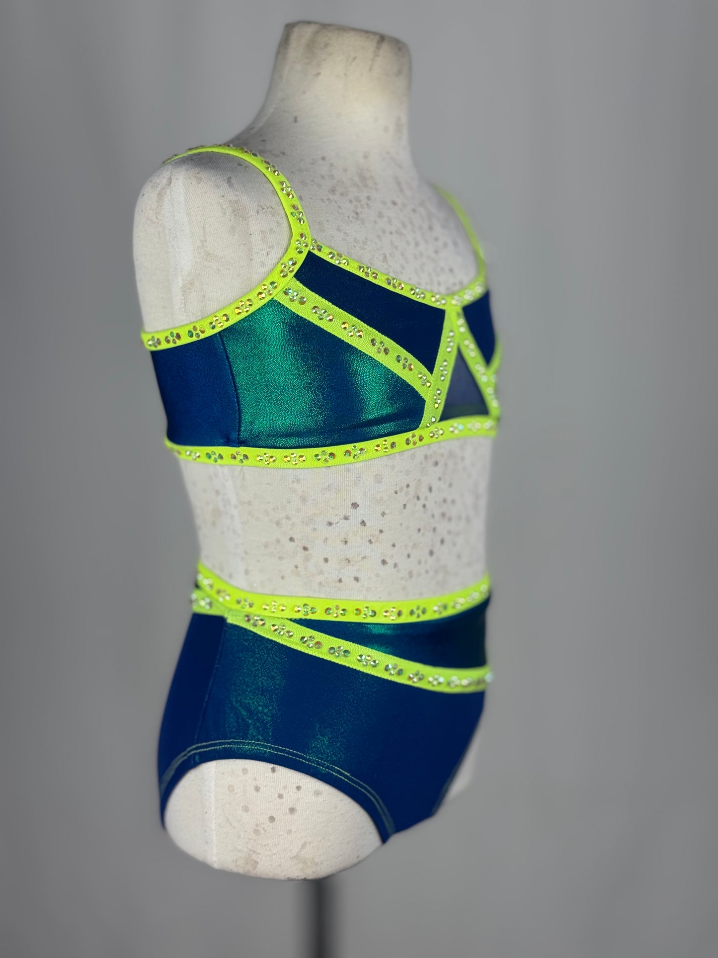 Blue and Neon Yellow Two-Piece Jazz Dance Costume, Child Medium