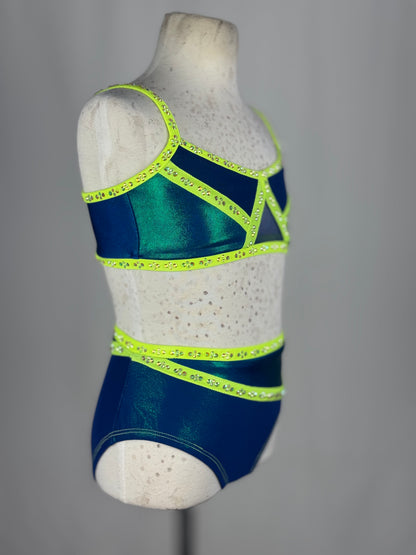 Blue and Neon Yellow Two-Piece Jazz Dance Costume, Child Medium