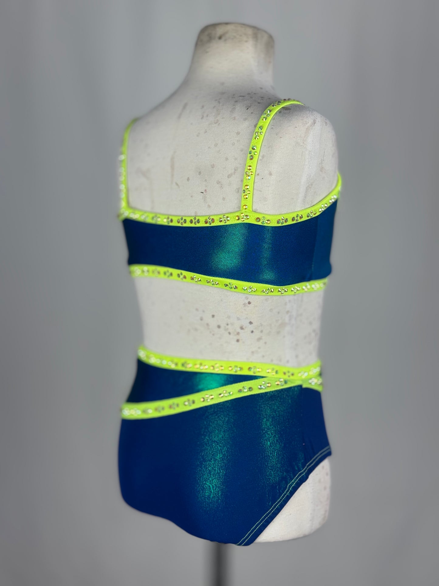 Blue and Neon Yellow Two-Piece Jazz Dance Costume, Child Medium