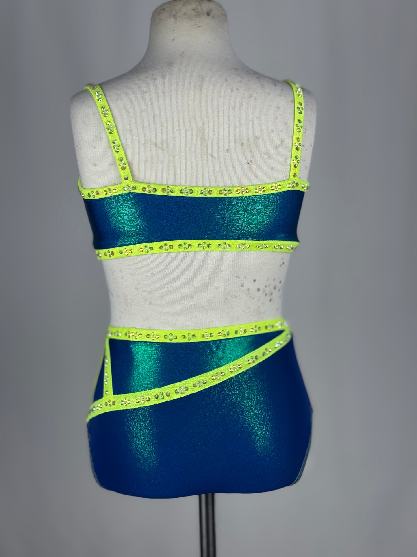 Blue and Neon Yellow Two-Piece Jazz Dance Costume, Child Medium