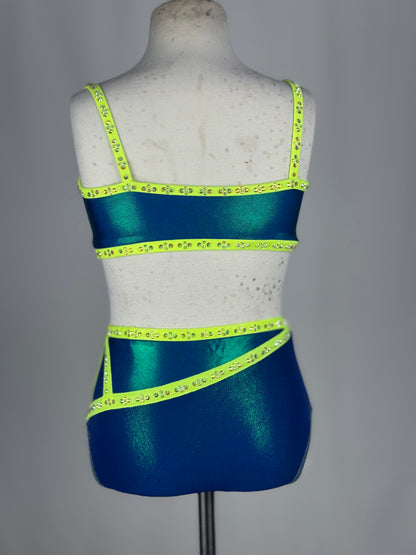 Blue and Neon Yellow Two-Piece Jazz Dance Costume, Child Medium