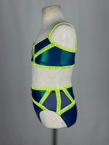 Blue and Neon Yellow Two-Piece Jazz Dance Costume, Child Medium
