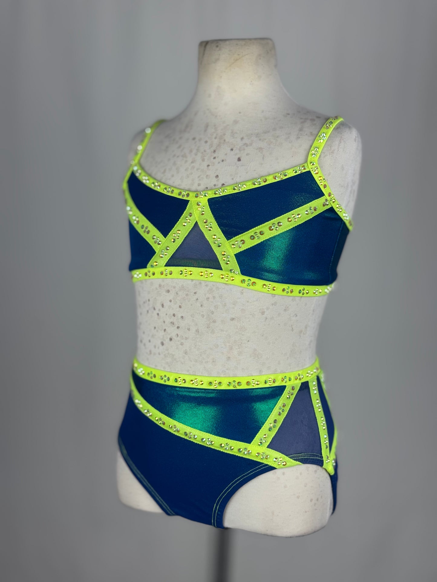 Blue and Neon Yellow Two-Piece Jazz Dance Costume, Child Medium