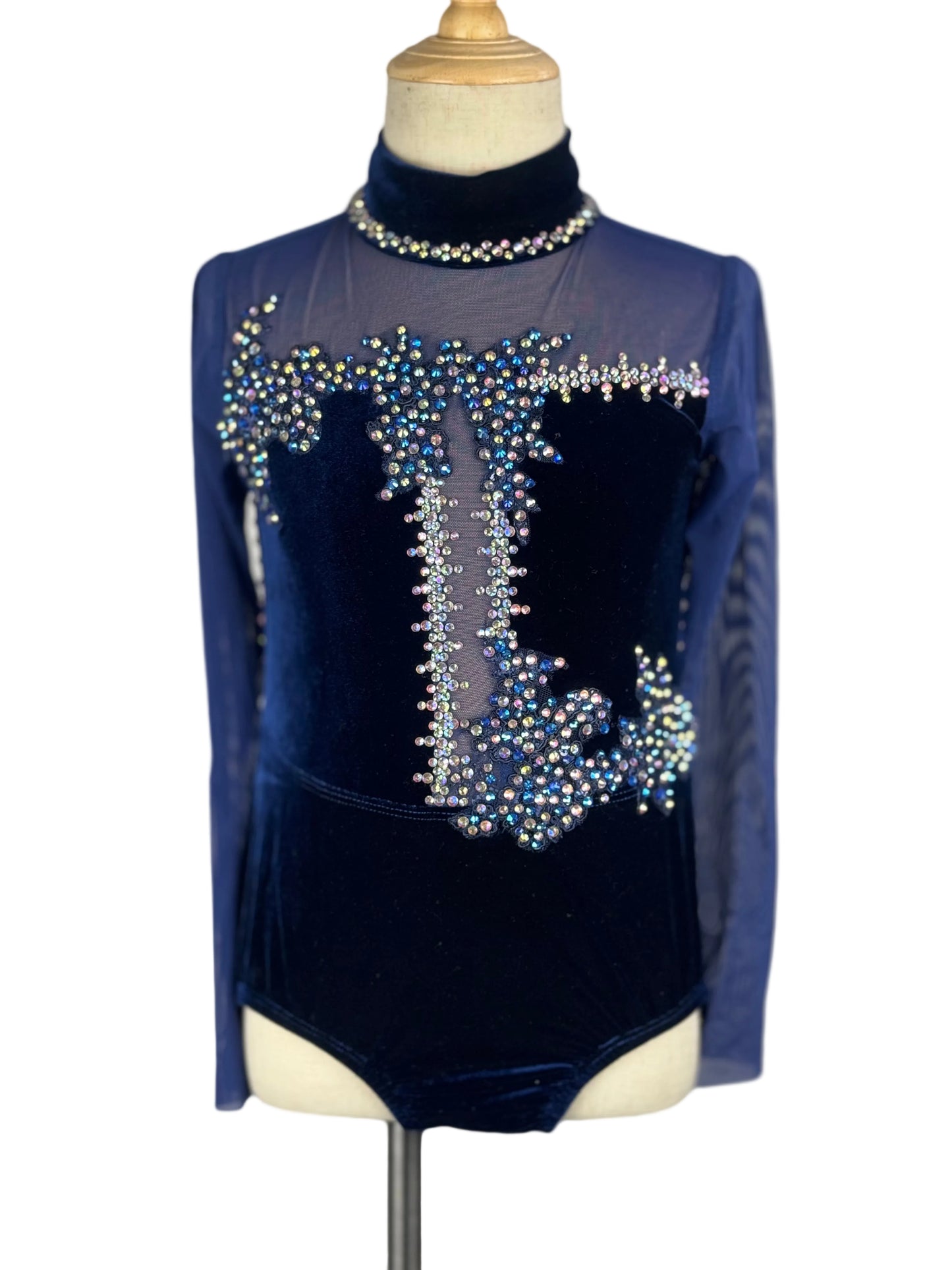 Navy blue leotard with intricate beadwork on a mannequin against a white background