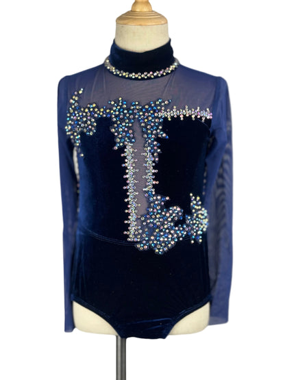 Navy blue leotard with intricate beadwork on a mannequin against a white background