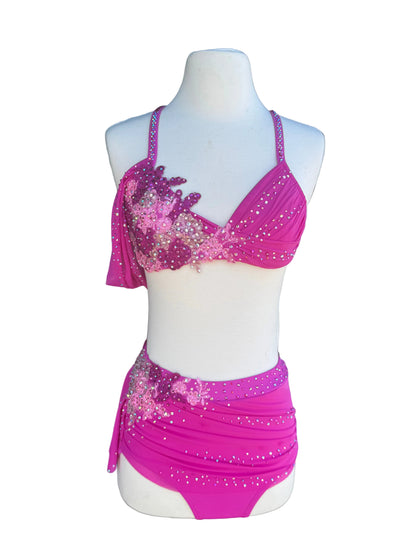 pink lyrical dance dress IBTOM CASTLE Women Lyrical Dance Costumes Lace Flower Embroidery Spliced Tulle Dress Flowy Chiffon Leotard Skirt XS Pink