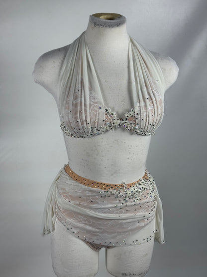 White Two-Piece Lyrical Dance Costume, Rhinestoned Appliqués, Adult X-Small/Small