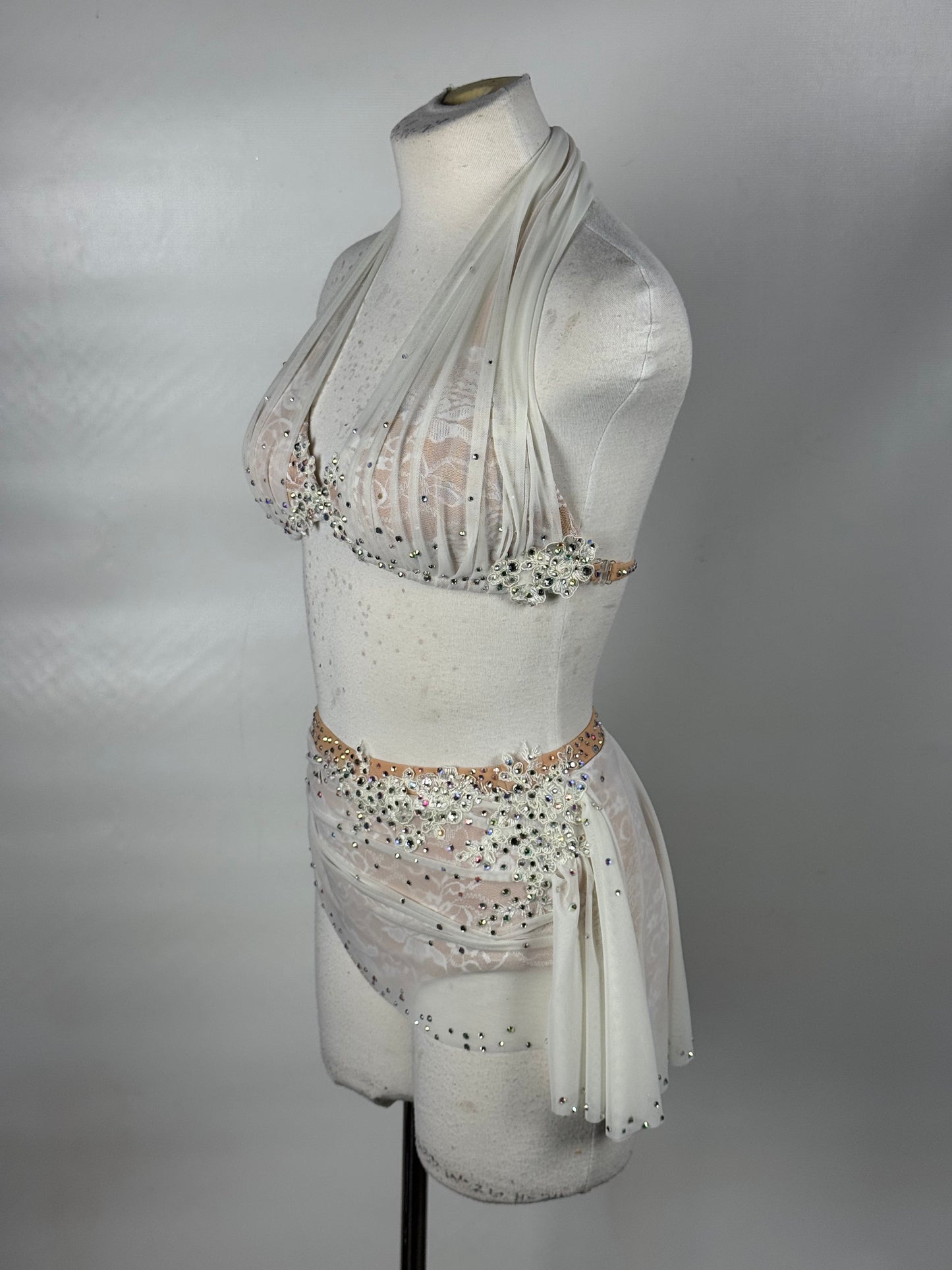 White Two-Piece Lyrical Dance Costume, Rhinestoned Appliqués, Adult X-Small/Small