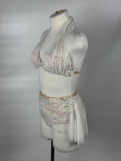 White Two-Piece Lyrical Dance Costume, Rhinestoned Appliqués, Adult X-Small/Small