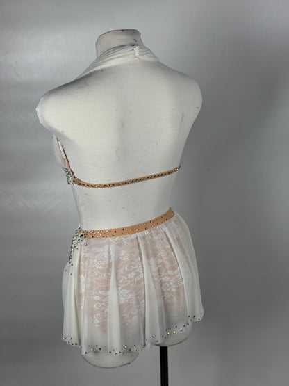 White Two-Piece Lyrical Dance Costume, Rhinestoned Appliqués, Adult X-Small/Small