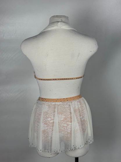 White Two-Piece Lyrical Dance Costume, Rhinestoned Appliqués, Adult X-Small/Small